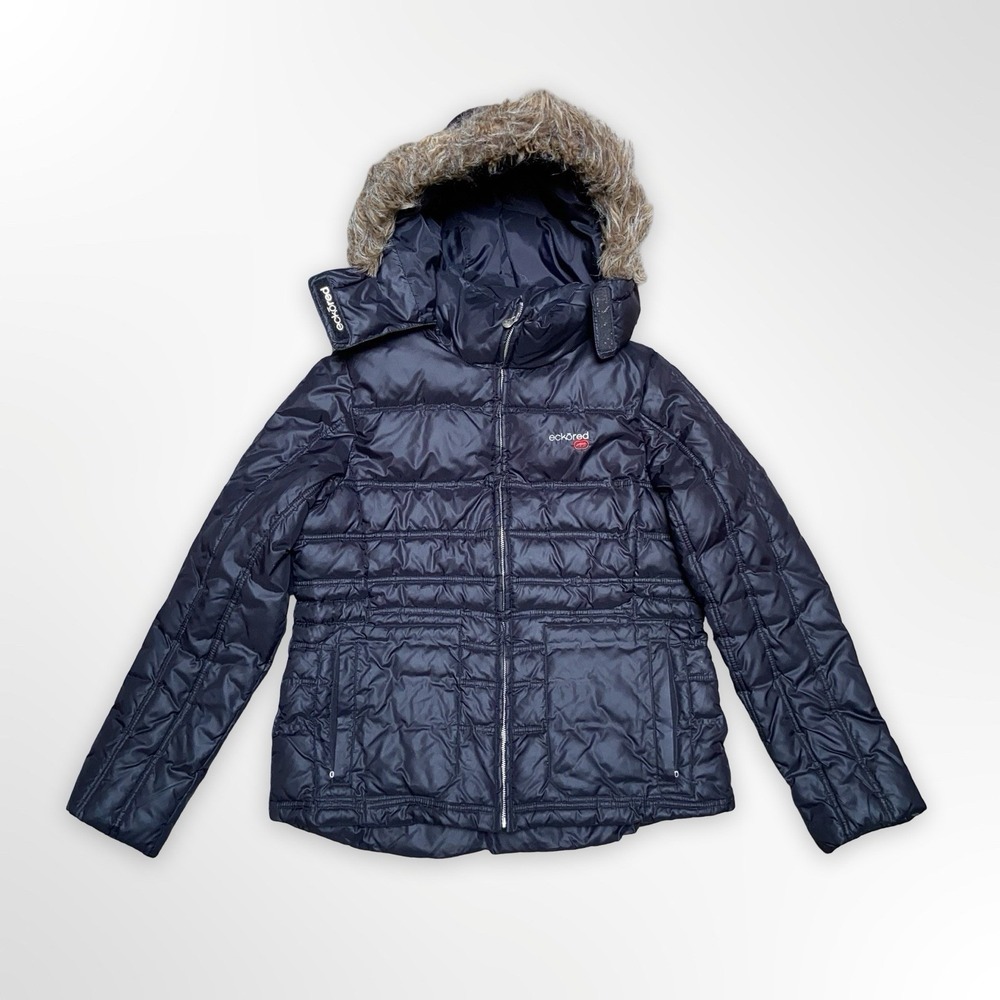 Ecko Red Puffer Jacket Womens XL Navy Hooded Fur Trim Full Zip Winter Coat Y2K